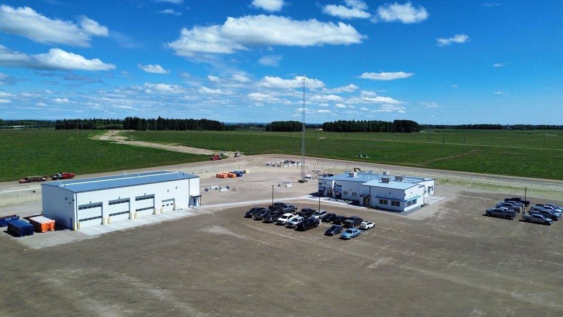 Completed office and maintenance shop at Paramount Resources’ Alhambra industrial development near Rocky Mountain House, Alberta)